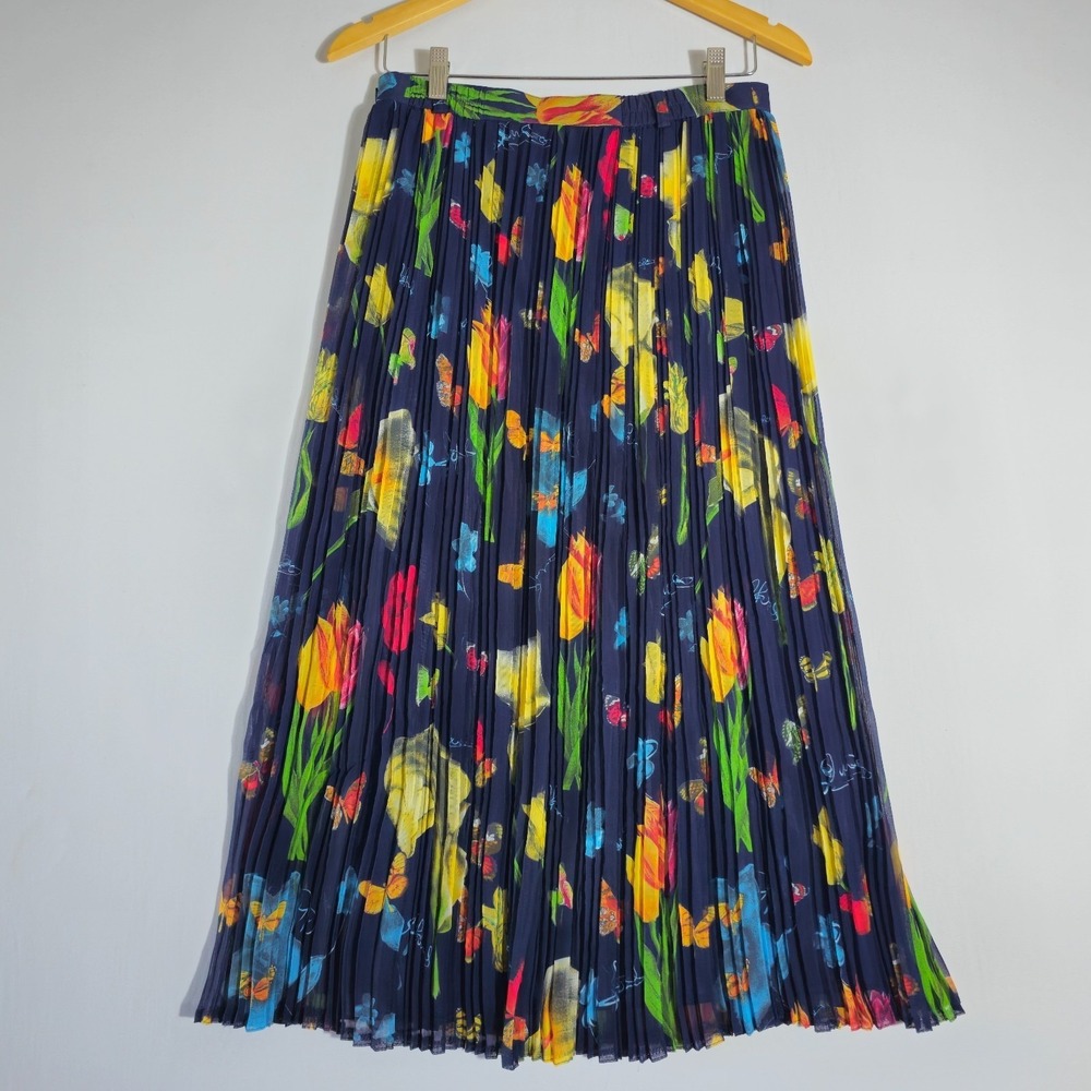 Hammer Maxi Skirt Womens Multicolor Floral Butterfly Pleated Modern Minimalist